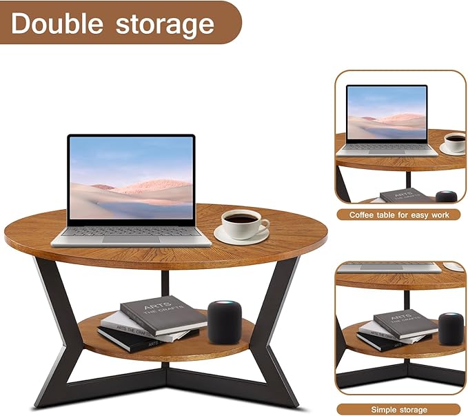 Round Coffee Table, Wood Circle Coffee Table with 2-Tier Storage, Center Table for Living Room Bedroom Office Apartment, Easy Assembly, 35'x 18' Inches, Espresso