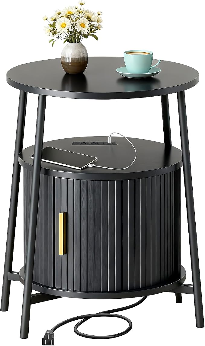 DHH Round End Tables with Charging Station, Fluted Accent Side Table with Sliding Door, Mid-Century Modern Nightstand for Small Space Storage, Living Room, Bedroom,Sofa Couch(1, Black)