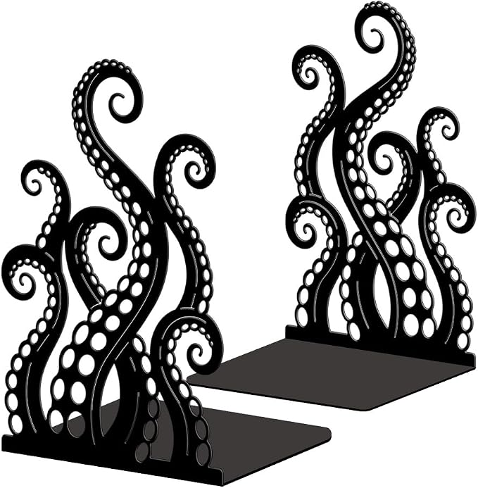 Peacoblue Metal Bookends for Shelves, Modern Decorative Heavy Duty Study Book Ends Stoppers for Office Desk Shelf, Room 5.3"x4.3"x7.9" Cast Iron Tall Bookends 1 Pair (Octopus and Ocean)