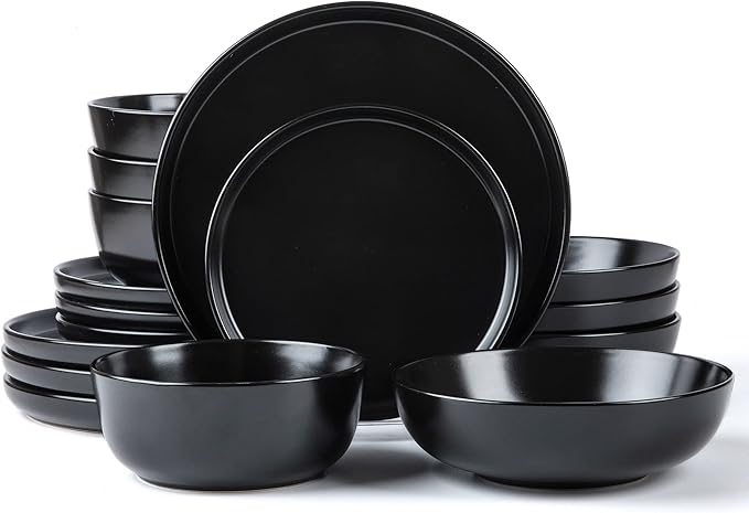 ARORA SKUGGA Round Stoneware 16pc Double Bowl Dinnerware Set for 4, Dinner Plates, Side Plates, Cereal Bowls, Pasta Bowls - Matte Black (467586)