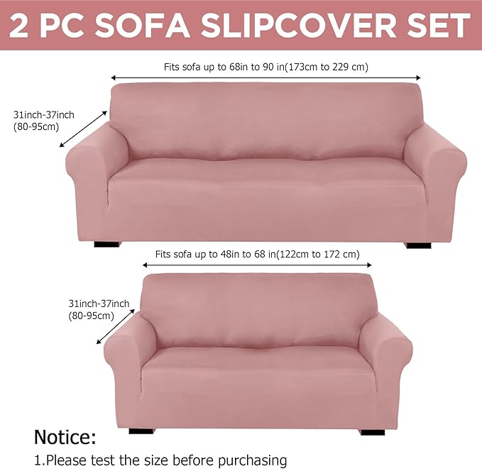 Peryiter 2 Pcs Sofa Covers Couch and Loveseat Covers Set Stretch Sofa Slipcover for Living Room Armchair Furniture Protector, Wrinkle Proof(Light Pink,Milk Silk)
