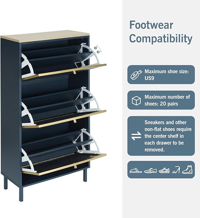 Shoe Storage Cabinet for Entryway - Shoe Cabinet Organizer with Metal Rattan 3 Flip Drawer,Wood Free Standing Rack, Hidden Slim Shoe Cabinet for Hallway, Living Room, Bathroom (Blue)