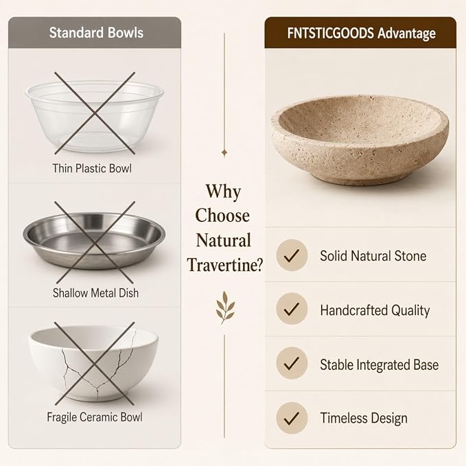 Natural Travertine Decorative Bowl 7.8", Fruit Bowl for Kitchen Counter & Natural Stone Centerpiece for Coffee Table Decor, For Entryway, Kitchen Fruit Bowl, Potpourri, Dining Table Centerpiece.