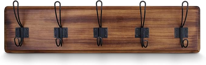 HBCY Creations Dark Wash Brown Rustic Coat Rack Wall Mount with 5 Hooks, Solid Pine Wood 24 inch Wall Hooks for Entryway, Mudroom, Hallway, Bathroom - Vintage Farmhouse Style Wall Mounted Towel Rack