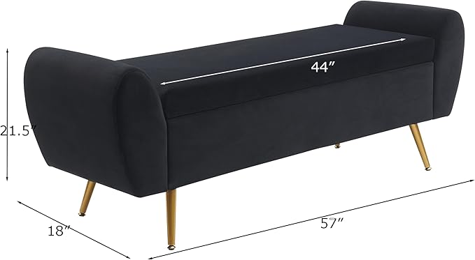 Velvet Storage Bench for Bedroom, 57" Long Bench for King Size Bed, Modern Upholstered End of Bed Ottoman Bench with Arms and Gold Legs for Entryway Living Room (Black)