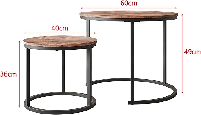 HOJINLINERO Small Coffee Table Living Room, Black Round Coffee Table Nesting Table Set of 2,Metal Frame with Wood Sofa Table,Sturdy and Easy Assembly,Stacking Side Table for Bedroom,Office,Balcony