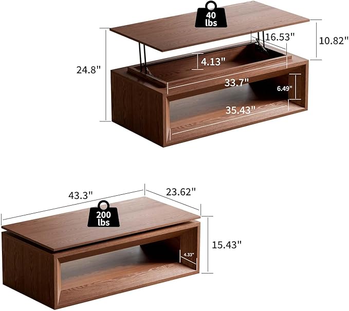 43.3'' Rectangle Lift Top Coffee Table with Storage & Adjustable Height, Mid Century Modern Center Table Accent Tea Table or Living Room Apartment Office, Walnut
