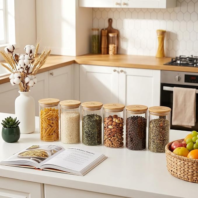 24oz 6-Pack Borosilicate Glass Jars with Airtight Wooden Lids, Clear Food Storage Containers, Kitchen Pantry Canisters for Tea, Flour, Candy, Grain, Microwave & Freezer Safe