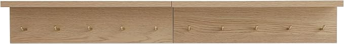 Marine Plywood Wall Mounted Coat Rack with Shelf & Key Hooks, 5 Brass Hooks Entryway Organizer, Modern Floating Shelf for Bedroom Hallway, Space-Saving Home Storage Rack (2, Oak Finish)