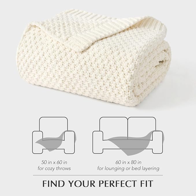EVERGRACEHOME Chunky Chenille Knit Throw Blanket for Couch, Soft Luxurious Moss Stitch Blankets for Bed, Cozy Decorative Farmhouse Knitted Throws for Sofa, Ivory White, 60" x 80"