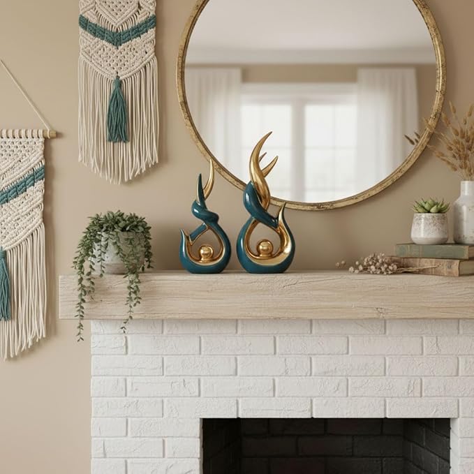 Teal Gold Ceramic Abstract 2 Piece Statue Set,Mid Century Modern Abstract Art Home Decor Statue Mantelpiece on Unique Shelf Decor, TV Cabinet Divider Table top and Dining Table Centerpiece (Green)