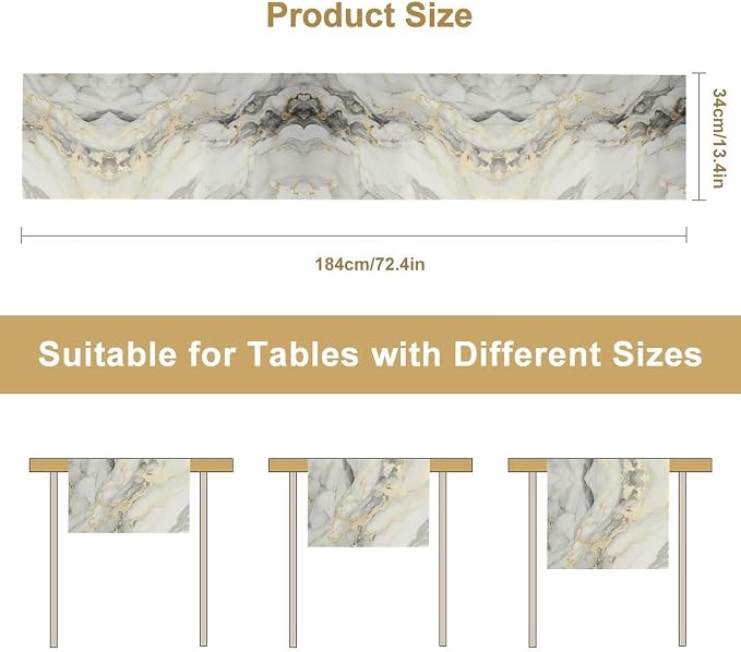 Marble Table Runner, Luxury Gold Grey Stone Textured Abstract Art Print Table Runner for Modern Kitchen Dining Cafe Home Decor, 13x90 Inch