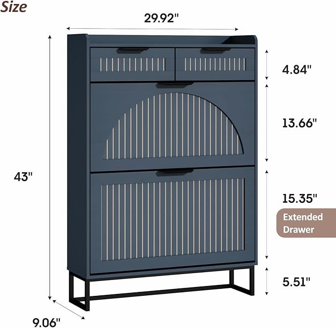 Fluted Shoe Cabinet Storage for Entryway – Narrow Shoe Rack with 2 Flip Drawers & 2 Storage Drawers, Freestanding Hidden Shoe Organizer for Foyer, Hallway (Blue)