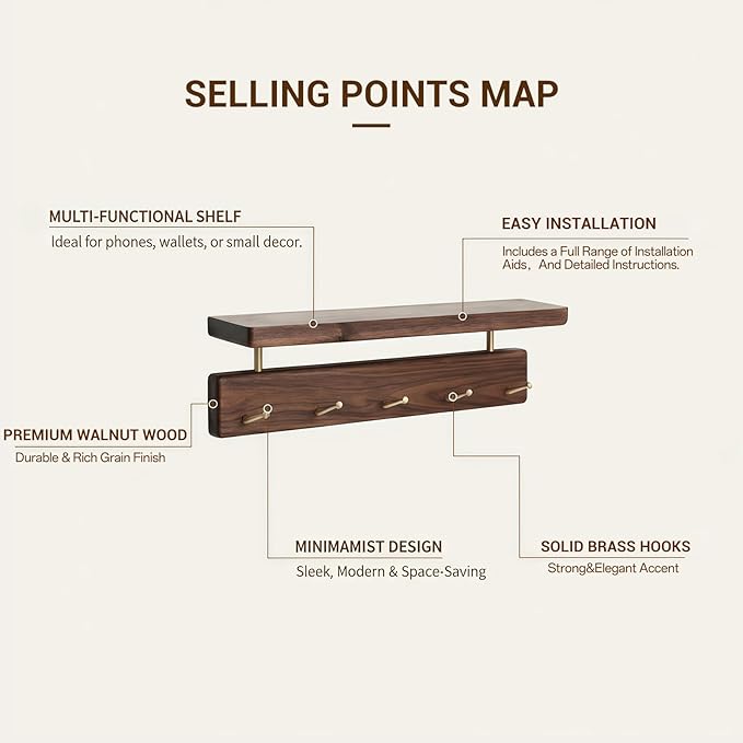 Wall Mounted Coat Rack with Shelf, Wooden Entryway Organizer with 5 Hooks, Wall Shelf with Hooks for Hallway, Bedroom, Bathroom (Walnut, 14.96inch/5 Hooks)