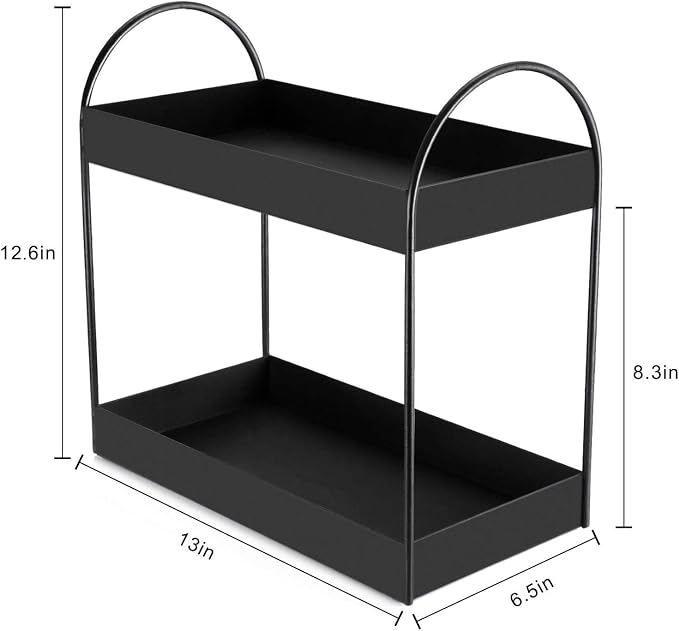 Go Hooked 2-Tier Standing Rack Bathroom Countertop Organizer Vanity Tray Cosmetic Makeup Storage Kitchen Spice Rack Standing Shelf (Black, Metal, Pack of 1), Medium, 2TIERCURVED-BK