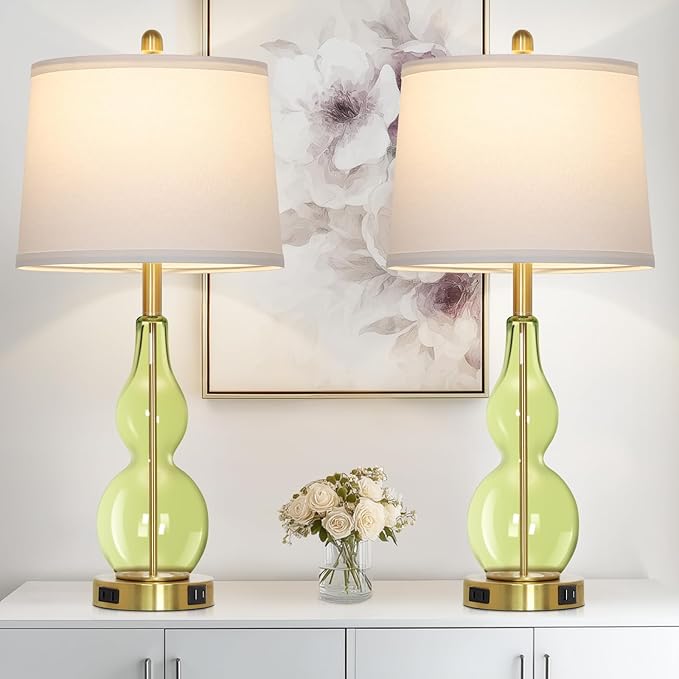 Rinweey 27.5" Green Glass Double Gourd Table Lamp Set of 2,3-Way Dimmable Touch Control Bedside Lamps with USB Ports and AC Outlet, Nautical Nightstand Lamps for Bedroom Living Room