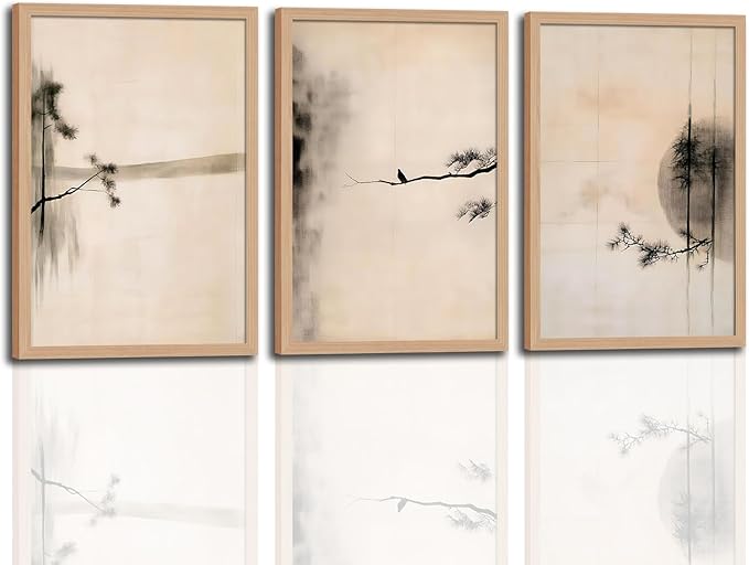 skysoon Minimalist Zen Wall Art Set of 3, Abstract Ink Landscape Canvas Prints, Neutral Pine Tree and Bird Artwork, Modern Japanese Scandinavian Wall Decor for Living Room Bedroom Office 12x16 Inch