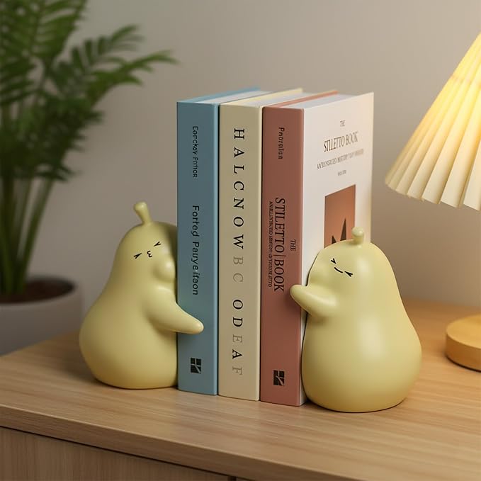 Hug Pear Decorative Bookends, Cute Book Ends to Hold Books, Creative Ceramic Book Holder Stopper for Home, Office Desk, Bookshelf Decoration (Matte Yellow)