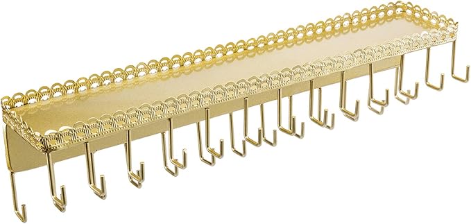 MyGift 15 Inch Wall Mounted Gold Tone Metal Jewelry Organizer & Display Shelf with Vintage Lace Design, Hanging Perfume Storage and 26 Hook Necklace Hangers
