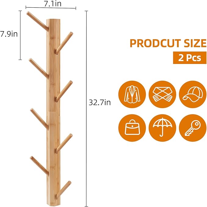 TIOPGHAD 2 Pack Coat Rack Vertical Wall Mount, Bamboo Coats Hooks Clothes Holder Hanger for Wall Coat Hat Jacket Clothing Bathroom Robes Mudroom Entryway(Natural)