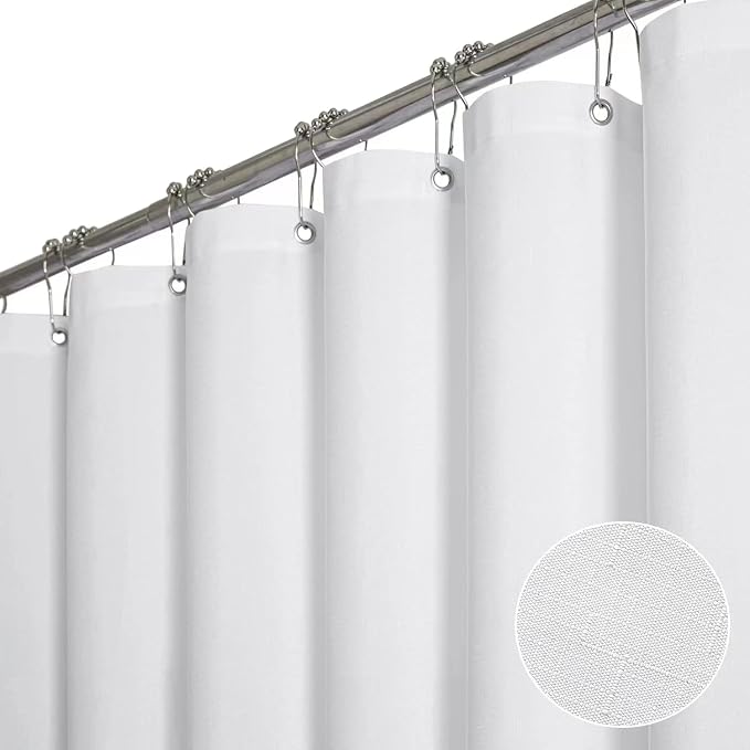 BTTN Fabric Shower Curtain, Linen Textured Heavy Duty Polyester Cloth Shower Curtain Set with Plastic Hooks, White, 60" W x 84" L (Pack of 1)