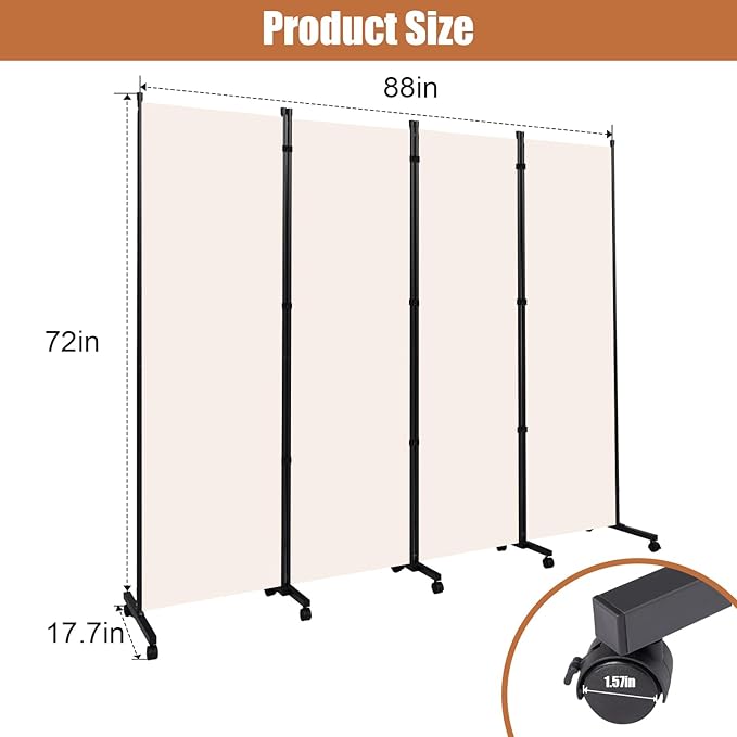 Room Divider Portable 88'' Partition Room Dividers/Wheel, 4 Panel Wall Divider for Room Partition, Freestanding Fabric Room Divider Panel Screen, Space Separation Separator for Home Office Privacy