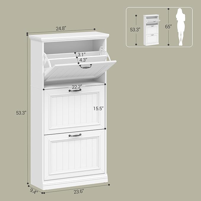 Hzuaneri Shoe Cabinet with 3 Flip Drawers, Freestanding Wood Shoes Storage Organizer with Adjustable Shelves, Hidden Narrow Shoe Cabinet for Entryway Hallway, White, 9.4"D x 24.8"W x 53.3"H, SR60103X