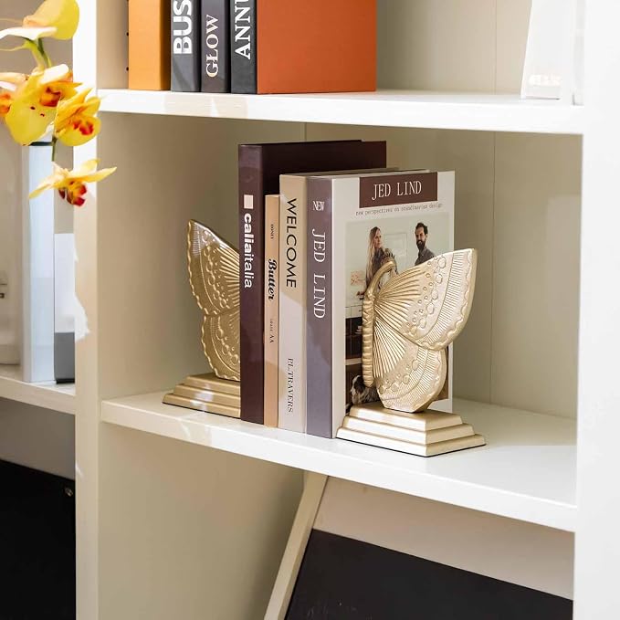 Decorative Butterfly Bookends, Muted Matte Vintage Gold Heavy Duty Metal Book Ends with Non-Slip Felt Base, Shelf Organizer for Home and Office