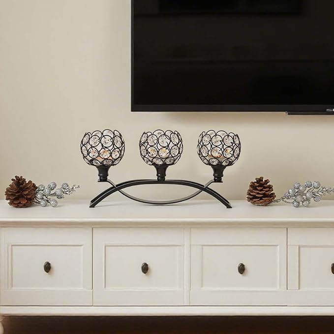 Crystal Tealight Candle Holder Centerpiece Home Decorative Candlestick Holder Elegant Table Centerpiece Home Decor Wedding Party Anniversary (Black, 3 Arm of 4 Pcs)