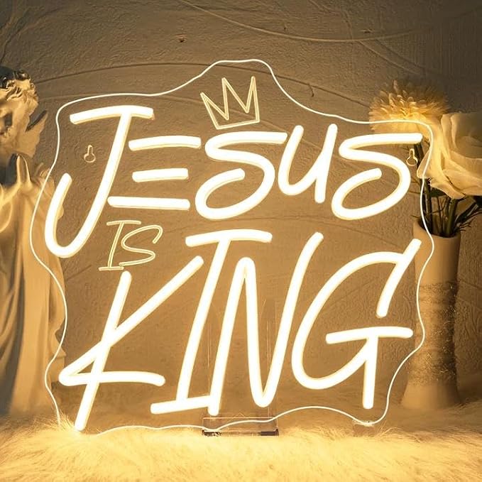 WLHOPE Jesus Is King Neon Sign Dimmable Led Signs for home Wall Decor, Neon Lights USB Powered Transparent Acrylic Board Sign for church party bedroom living room Decoration 12.99 * 12.6 inch