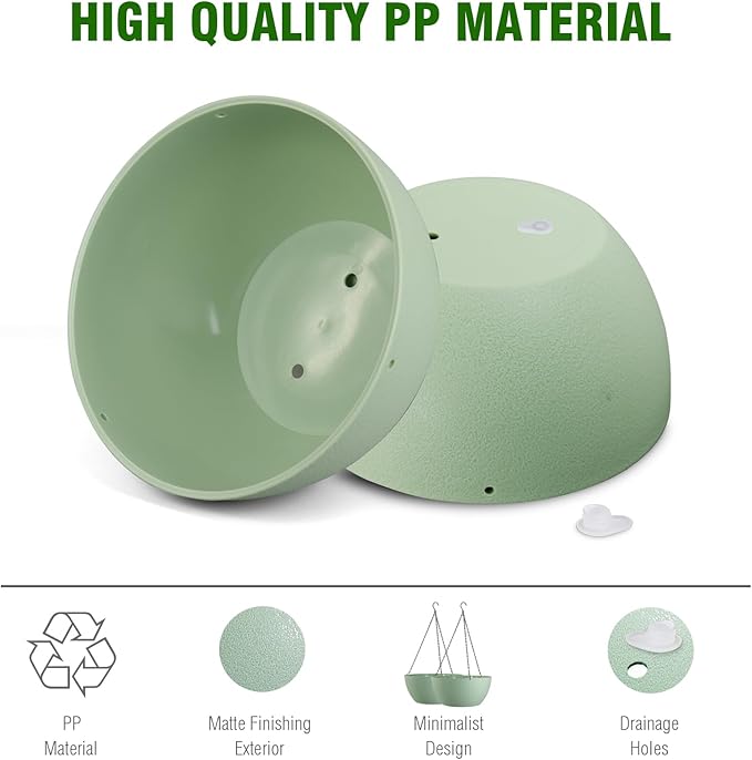 WSMKSZ 10 inch Hanging Planters for Outdoor Indoor Plants with Drainage Holes and Chain, 2 Pack Round Hanging Flower Pots for Garden Home Porch Decor,Green