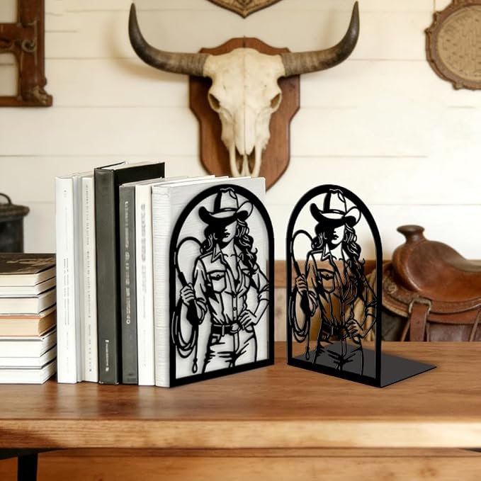 Peacoblue Metal Bookends for Shelves, Modern Decorative Heavy Duty Study Book Ends Stoppers for Office Desk Shelf, Room 5.3"x4.3"x7.9" Cast Iron Tall Bookends 1 Pair (Cowgirl with Hat and Whip)