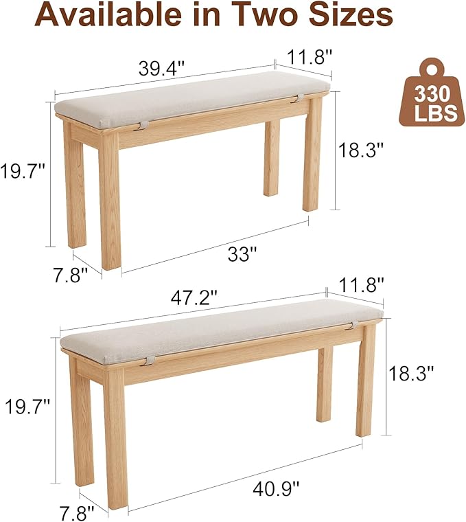 CycleCrew 47.2" Solid Wood Dining Bench with Removable Cushion - Mid-Century Modern Entryway Bench, Extra Height Upholstered Bench for Dining Table, End of Bed, Living Room