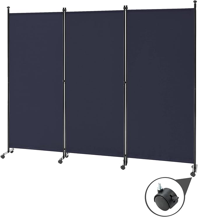 Spurgehom 3 Panel Rolling Room Divider, Folding Partition Privacy Screens, Freestanding Fabric Room Panel, Portable Folding Wall Divider for Office, Room, Restaurant, Hospital (Blue)