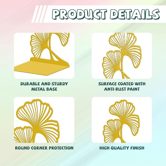 Peacoblue Metal Bookends for Shelves, Modern Decorative Heavy Duty Study Book Ends Stoppers for Office Desk Shelf, Room 5.3"x4.3"x6.1" Cast Iron Tall Bookends 1 Pair (Golden Ginkgo Leaves)