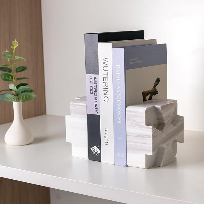 Decorative Square Marble Bookends for Heavy Books – Unique Book Ends for Shelves – Modern Aesthetic Book Holder/Stopper with Non-Slip Pads for Chic Home, Office, or Library Decor, Volakas