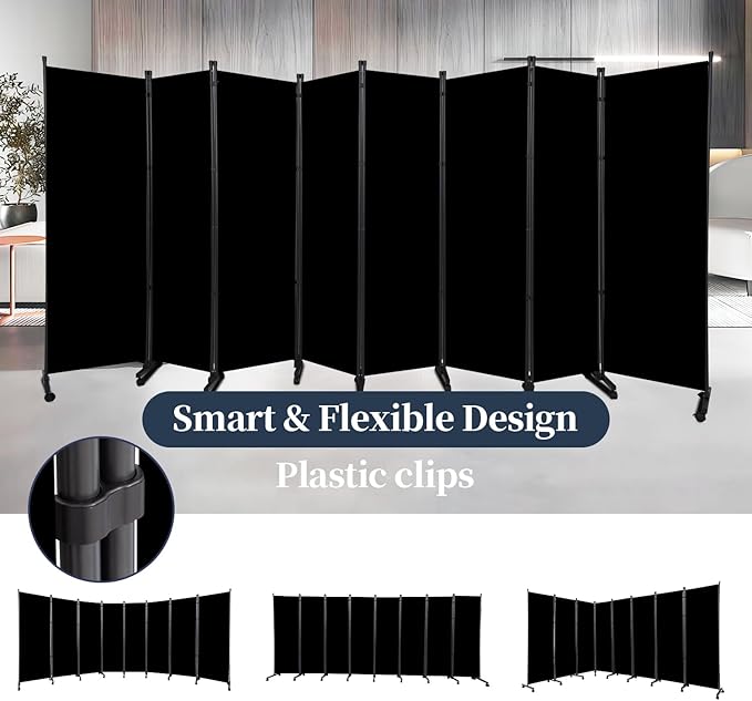 Room Divider Folding Privacy Screens with Lockable Wheels, 176'' Fabric Partition Room Dividers Freestanding Room Divider Panel for Room Separation, Wall Divider Space Separator for Home Office Studio