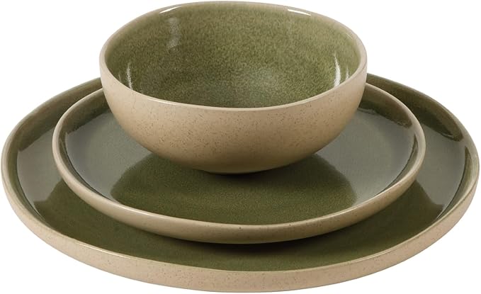 Gibson Elite Manila Bay 12-Piece Stoneware Dinnerware Set, Service for 4, Reactive Glaze Modern Artisan Plates, Bowls & Mugs, Green, Round Design