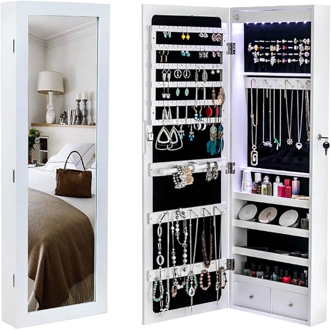 Jewelry Armoire Organizer,Non Full Mirror Wooden Wall Mounted 4-Layer Shelf Larger Capacity Jewelry Storage Mirror Cabinet,White (with 2 Drawers 8 Blue LED Lights)