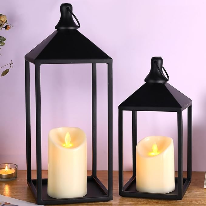 MATAHUM 2pcs Farmhouse Lantern Decor with LED Flickering Flameless Candles - Black Metal Lanterns Decorative for Home Decor, Fireplace Mantle or Table Centerpiece, Halloween Christmas Lantern Decor