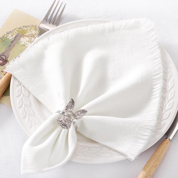 DeZerlor 12 Pack Ivory White Cotton Linen Napkins with Fringe Summer Cloth Napkins Set of 12 Boho Handmade Dinner Napkins Bulk for Wedding Bridal Baby Shower Parties, 17 x 17 Inches