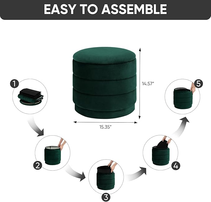 15" Upholstered Round Velvet Ottoman with Storage | Foldable Foot Rest Ottoman with Wooden Tabletop, Decorative Home Furniture for Living Room & Bedroom-Bottle Green