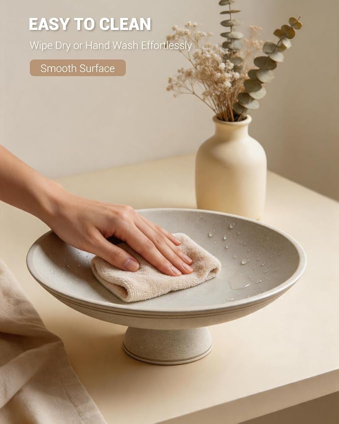 Large Decorative Bowl, Handcrafted Beige Resin Pedestal Centerpiece, Fruit Bowl for Kitchen Counter, Durable Catch-All Dish and Entryway Key Holder, Modern Home Decor, 11.7 in