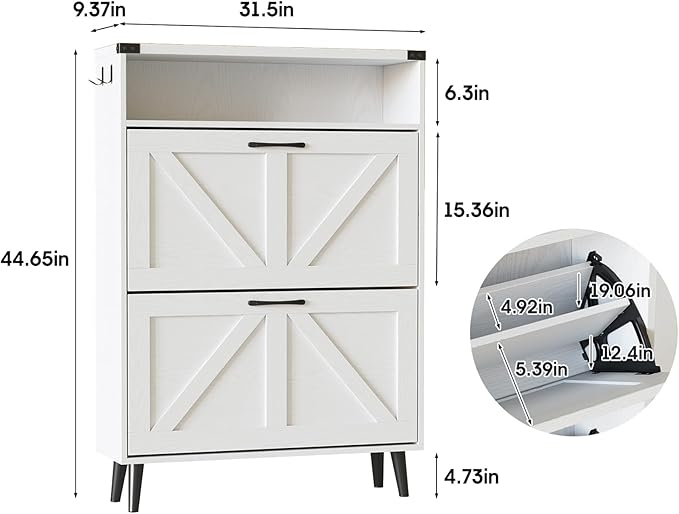 Halitaa Shoe Cabinet with 2 Flip Drawers & Open Storage,Farmhouse Shoe Storage Cabinet for Entryway,Freestanding Narrow Organizer Rack with Legs,Foyer,Hallway,White