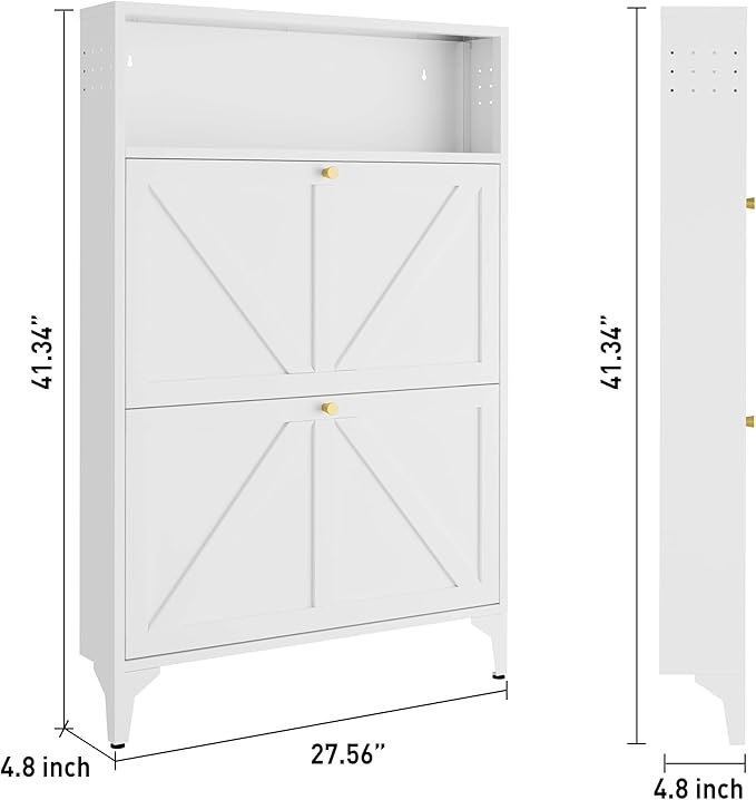 Silm Shoe Cabinet with 2 Flip Drawers,Hidden Shoe Storage Cabinet,Metal Freestanding Organizer,Narrow Shoe Cabinet Storage for Entryway,Hallway,Living Room(2 Door, White)