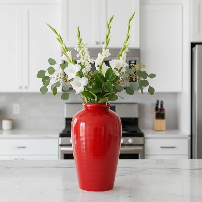 Red Ceramic Vase for Home Decor - 11 Inch Tall Modern Decorative Vase for Centerpieces, Boho Flower Vase for Pampas Grass, Christmas, Living Room, Kitchen, Fireplace, Entryway, Shelf Decor