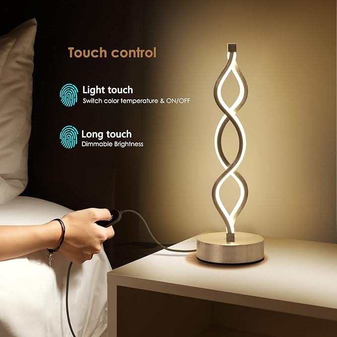 NUÜR Infinity Spiral LED Table Lamp Silver, Dimmable Metallic Bedside Lamp with Touch Controller, 3 Colour Temperature, 15.8 Inch Height, Decorative Lamp for Home, Living Room