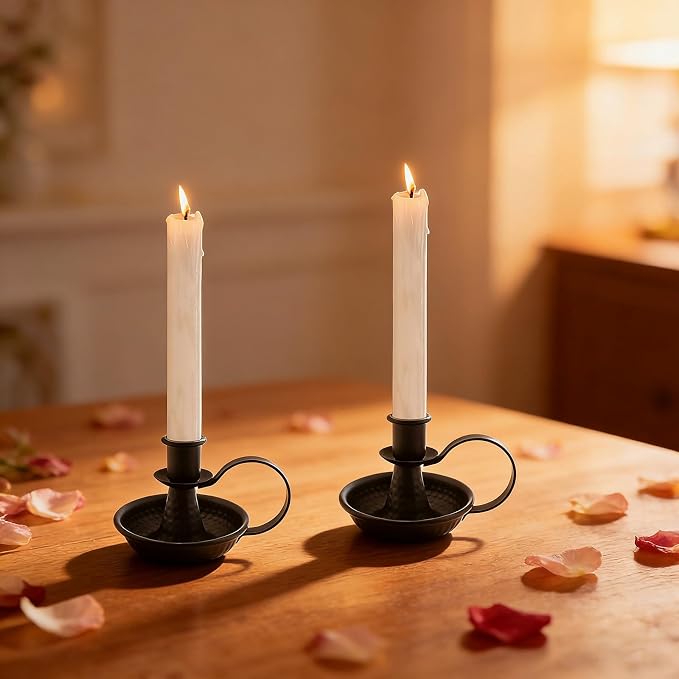 4 Pcs Retro Iron Taper Candle Holder, Black & Bronze Candlestick Holders with Handle Candlelight Stand for Farmhouse Decor Home Wedding Party Table Decoration (4, 2pcs Black+2pcs Bronze)