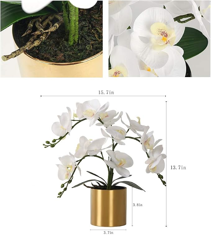 LESING Potted Artificial Orchid Flowers,Real Touch White Fake Artificial Orchid Flower in Gold Vase Arrangement for Table Living Room Decoration (White,Gold Vase)