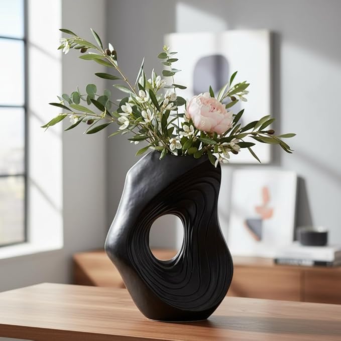 Sunddo Donut Black Vase for Home Decor - 11 Inch Tall Modern Ceramic Vases for Pampas Grass, Boho Decorative Vase for Flowers, Entryway, Fireplace, Kitchen Counter Decor